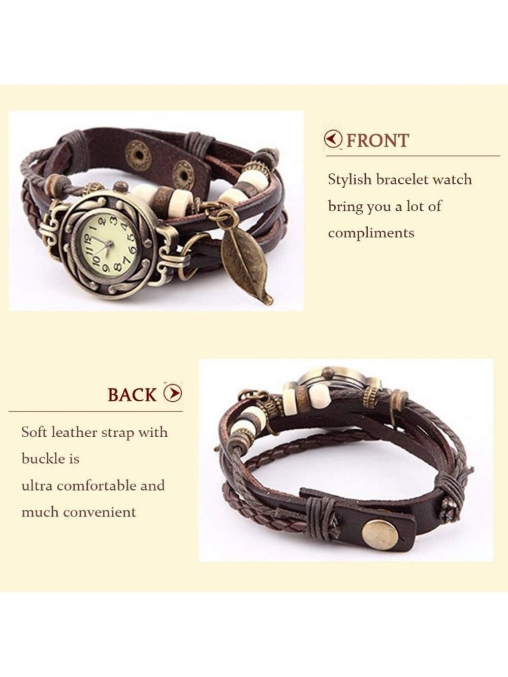 Women's Leaf Brown Fashion Vintage Classic Weave Wrap Around Quartz Wristwatch - Picture 5 of 6
